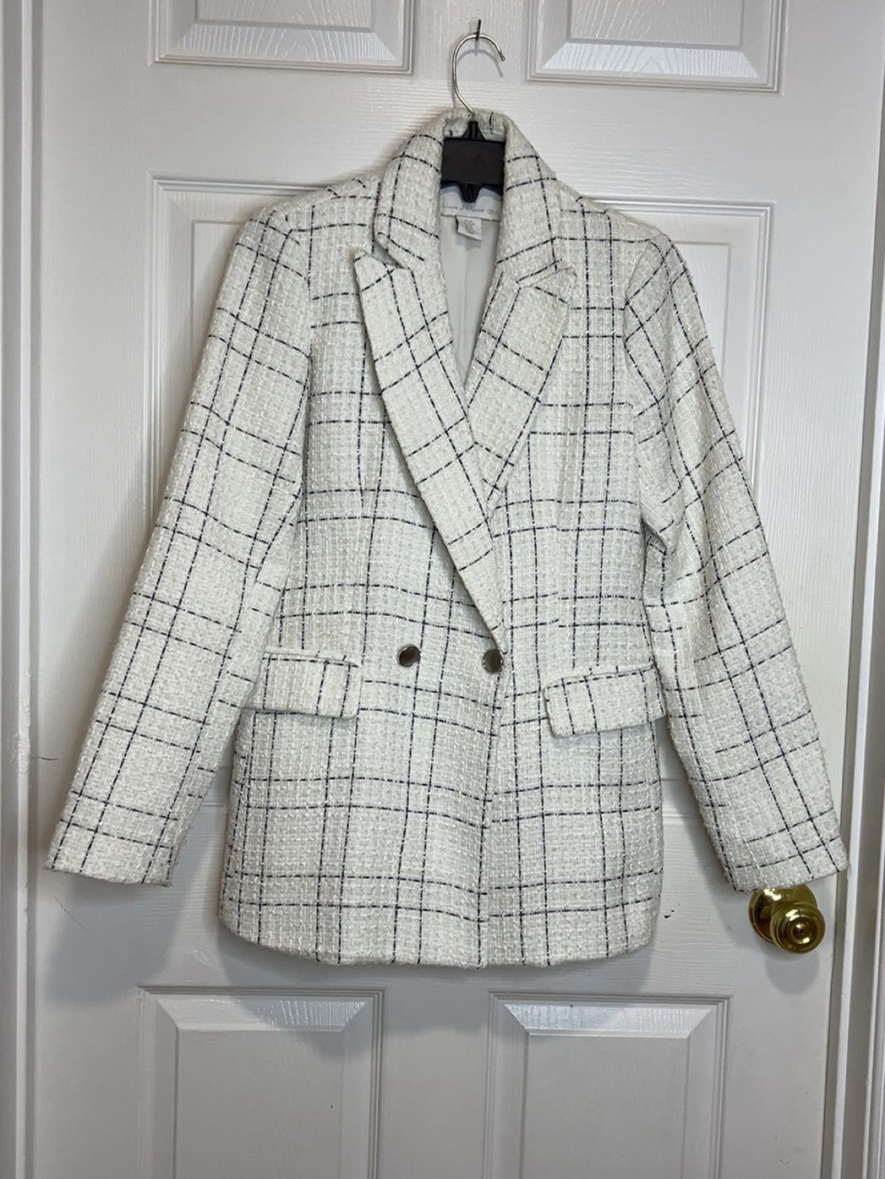 House of Harlow 1960 White Tweed Windowpane Double-Breasted Blazer